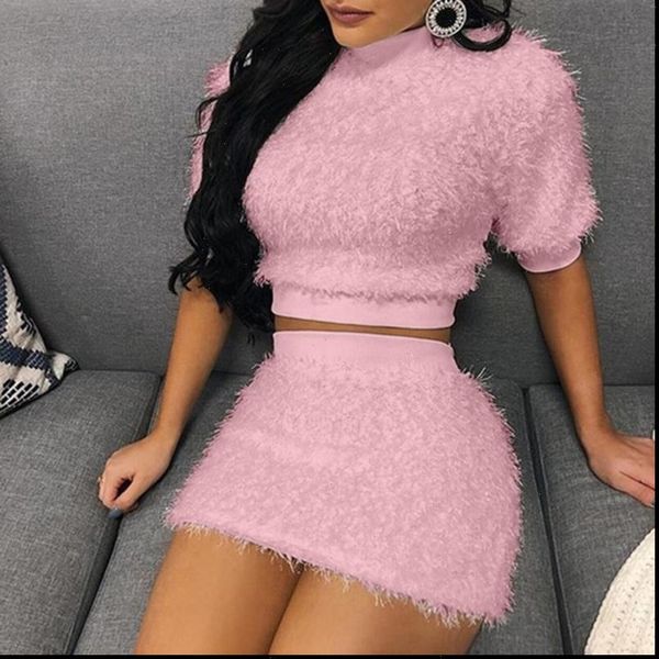 

two piece set sweater pencil womens dresses skirt suit short sleeve fleece crop bodycon 2 pieces knitted clothes, White
