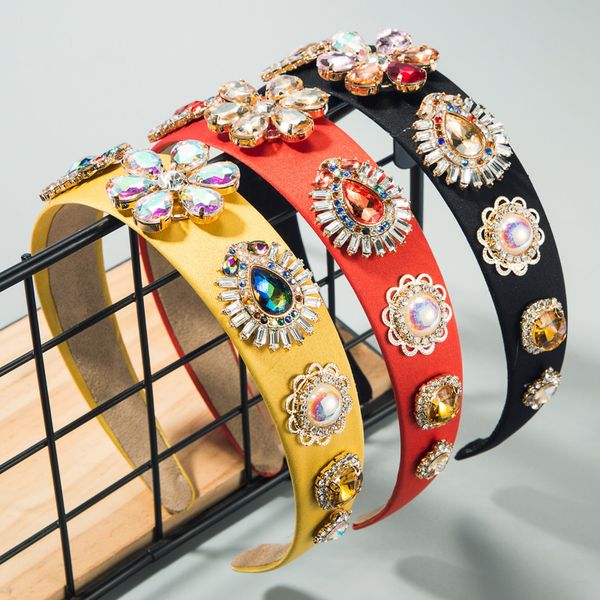 

popular hair accessories female noble style with glass diamond flower cloth hair band wide edge season headband, Silver
