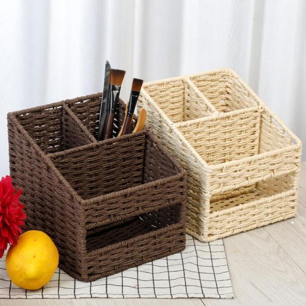 

storage baskets natural hand-woven basket creative deskcosmetic 3 grid box