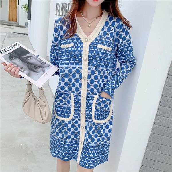 

casual dresses fall winter runway korean harajuku print women's knitted luxury sweater v neck vintage dress vestidos, Black;gray