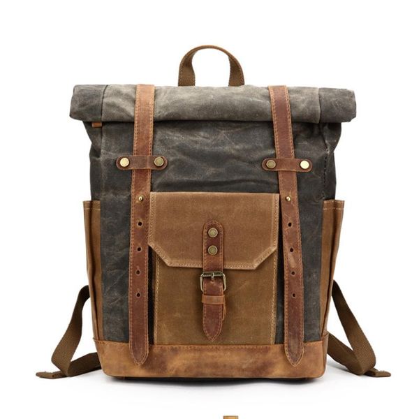 

backpack waxed canvas patchwork color waterproof bag men outdoor travel packsack large capacity laprucksack