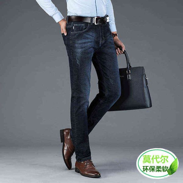 

straight tube denim busins jeans in autumn and winter 2021 slim fit elastic modal men's pants, Blue