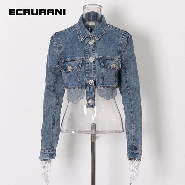

women's jackets ecrurani patchwork casual blue denim jacket for women lapel long sleeve dual pocket short coats female 2021 fashion clo, Black;brown