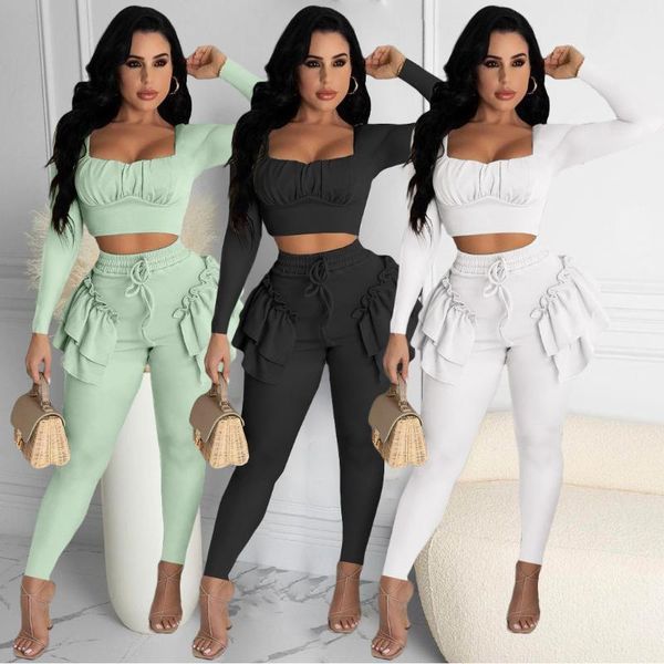 

women's two piece pants 2021 fashion elegant style women set 2 pcs long sleeve short ruffles, White