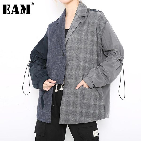 

[eam] women plaid drawstring big size irregular blazer lapel long sleeve loose fit jacket fashion spring autumn 2021 jq276 women's suit, White;black