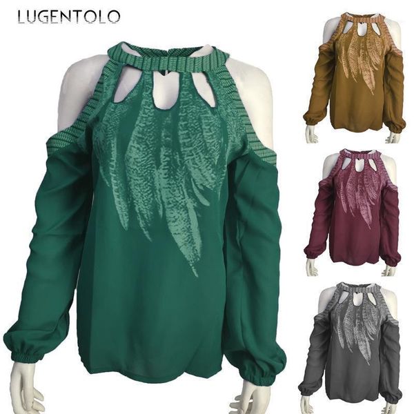 

long sleeve tshirt women printed off shoulder chiffon round neck casual fashion t shirt lugentolo1, White