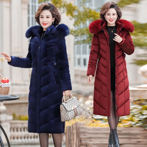 

leather gold velvet long cotton quilted female middle-aged winter jacket fine thick plus size parkas outwear y246 l2sv, Black
