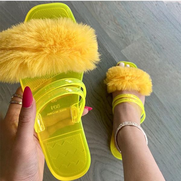 

slippers for women jelly shoe summer slide indoor furry flat big size fashion female fur woman fluffy 2021 home footwear, Black