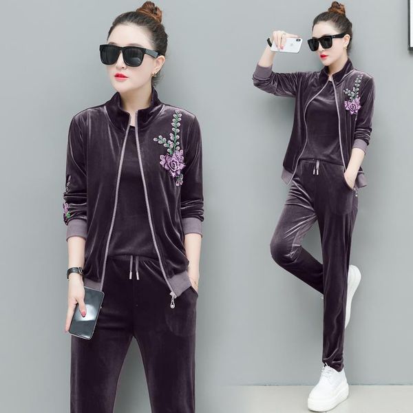 

women's two piece pants purple tracksuits women velvet 3 set fashion 2021 autumn winter outfits suits casual coat warm plus size 4xl 5x, White