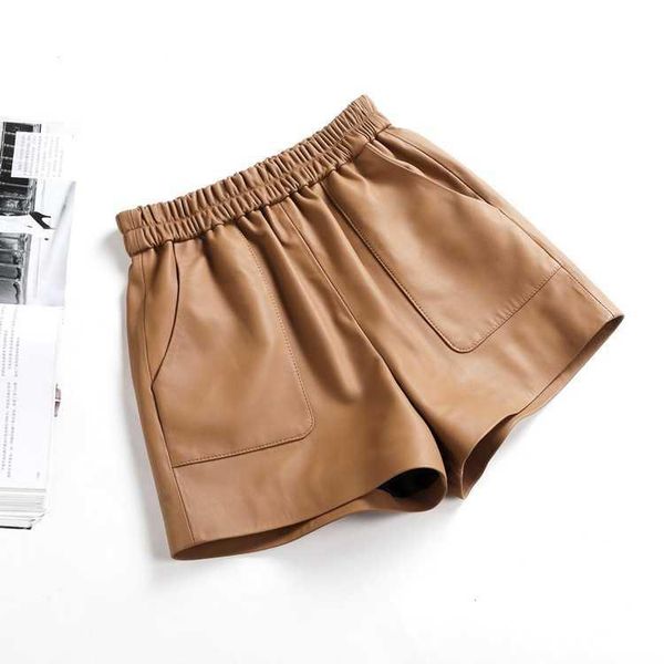 

women's shorts spring 2021 genuine leather elastic waist c397, White;black