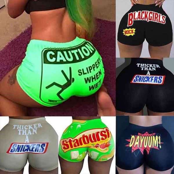 

when wet print bar shorts women booty mini club party fitness plus size skinny candy snack snickers shorts caution, White;black