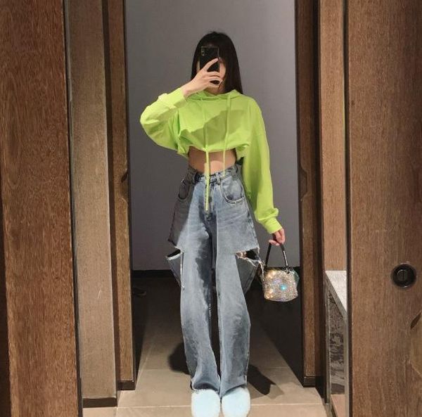 

women's jeans summer, tall waist side hole opening straight dad female wide-legged mop the floor show thin easy worn out, Blue