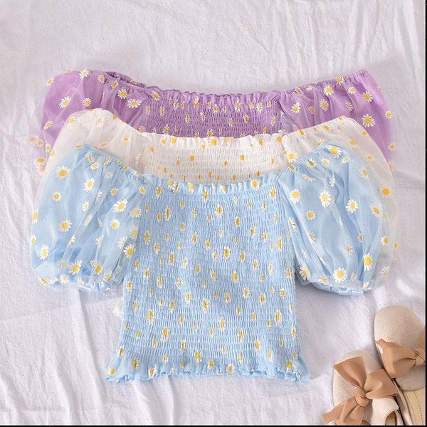 

summer floral chiffon mesh womens blouses splicing off shoulder crop short puff sleeve ruched blouse, White