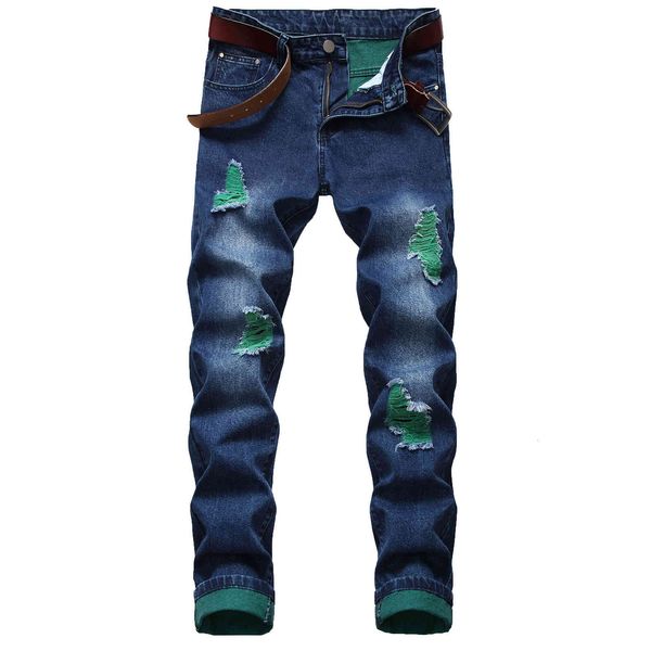 

jeans style men's slim straight hole fashion denim pants, Blue