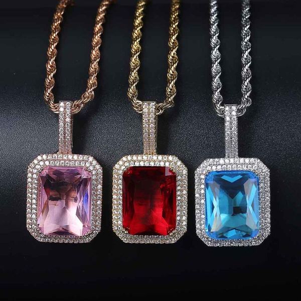 Colares de pingente Gelado fora de Bling Gem Stones Solitaire Colar Infinito Sólido Voltar Cúbico Zircão Hip Hop Jóias Para Presente