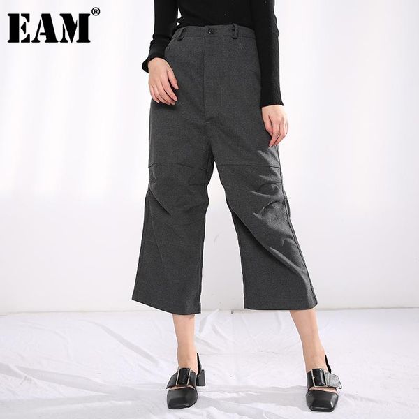 

[eam] high waist gray brief pleated long wide leg trousers loose fit pants women fashion tide spring autumn 2021 ya77402 women's & capr, Black;white