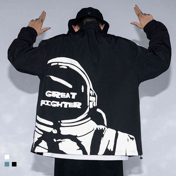 

men's and women's street ets, large clothing, windproof, astronaut reflective printing, hip-hop, loose, informal, autumn, Black;brown