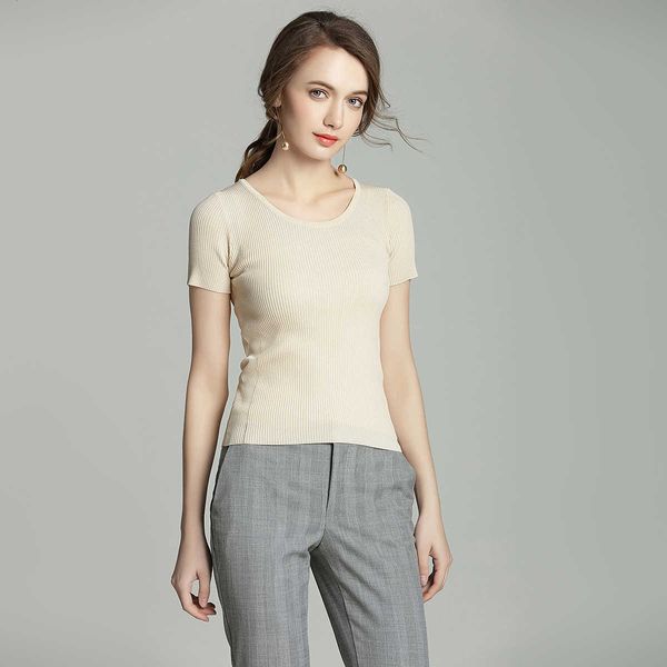 

women's sweaters summer knitted women shirt high elasticity slim casual short sleeves fashion rib female t-shirt pbhs, White;black