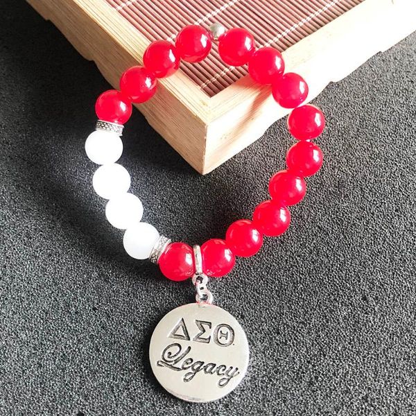 

beaded, strands handmade greek sorority elastic red white letter detal stainless steel pendant bracelet bangle women jewelry, Black