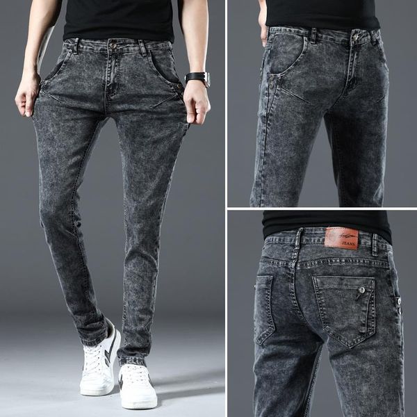 

spring and autumn men's jeans solid color micro-elastic classic men straight slim fashion denim trousers male, Blue