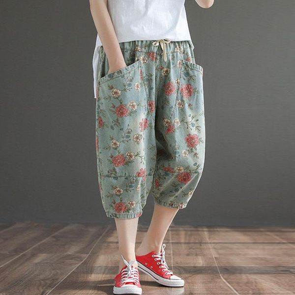 

women's jeans johnature fashion retro print pocket elastic waist lace up harem pants 2021 summer leisure all-match women calf-length, Blue