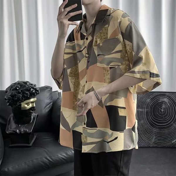 

men's casual shirts shirtsummer korean geometric square color matching short lazy art loose half sleeve shirt man bpiu, White;black