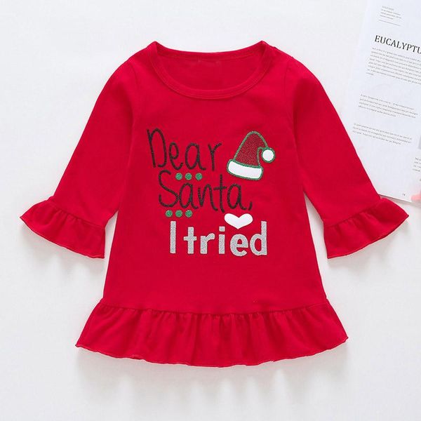 

girl's dresses kids christmas dress casual letters print o-neck long flare sleeves frilly girl streetwear, Red;yellow