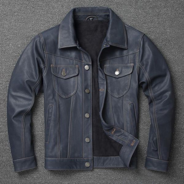 

men's leather & faux blue 2021 casual style genuine jacket men plus size 4xl single breasted real thin sheepskin autumn natural coat, Black