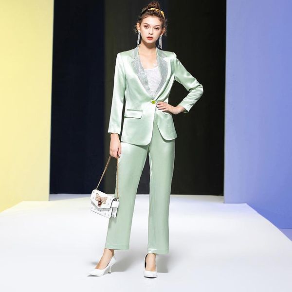 

women's two piece pants autumn workplace diamond beading lapel suit casual slim trousers elegant chic print set, White