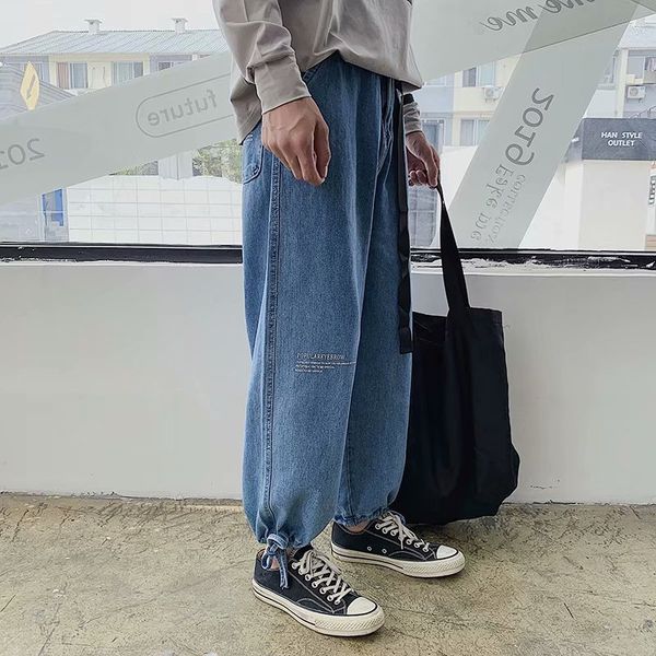 

men's jeans wholesale hong kong style summer retro jeans men's beam feet loose ankle length pants teenagers students straight men, Blue