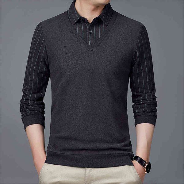 

double sided veet polo shirt 2021 autumn winter men's lapel long sleeve fake two-piece fashion slim bottomed t-shirt, White;black