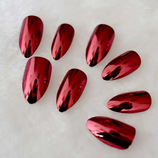 

sharp mirror stiletto nails red wine metallic medium diy artificial nail art for decoration lady wear without glue sticker n231, Red;gold