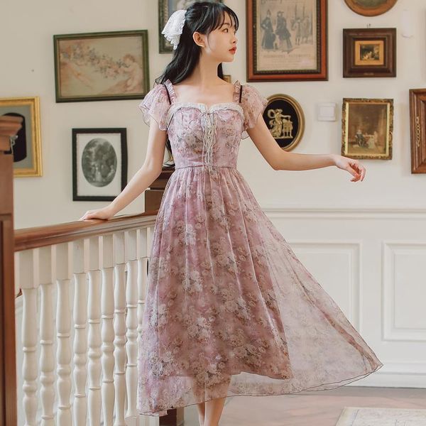 

casual dresses fairy dress women purple bright sweet literary retro floral vestido summer 2021 french girl chiffon elegant female, Black;gray