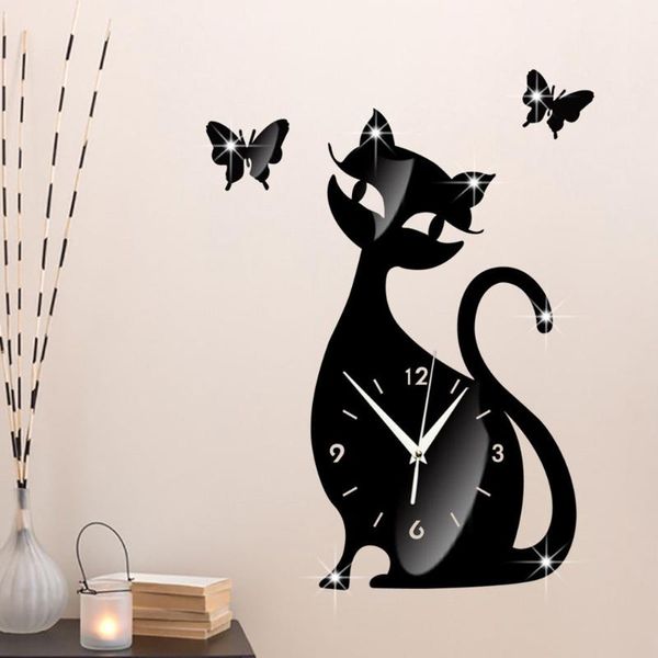 

wall clocks clock cat mirror black modern design home decor watch