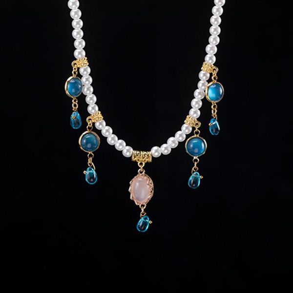 

chains hanfu cheongsam accessory retro pearl flow beads feng necklace women man gift, Silver