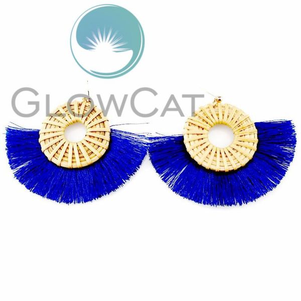 

fashion bohemia woven rattan hoop blue tassel earrings ethnic vintage diy statement fan fringe drop dangle earring for women & chandelier, Silver