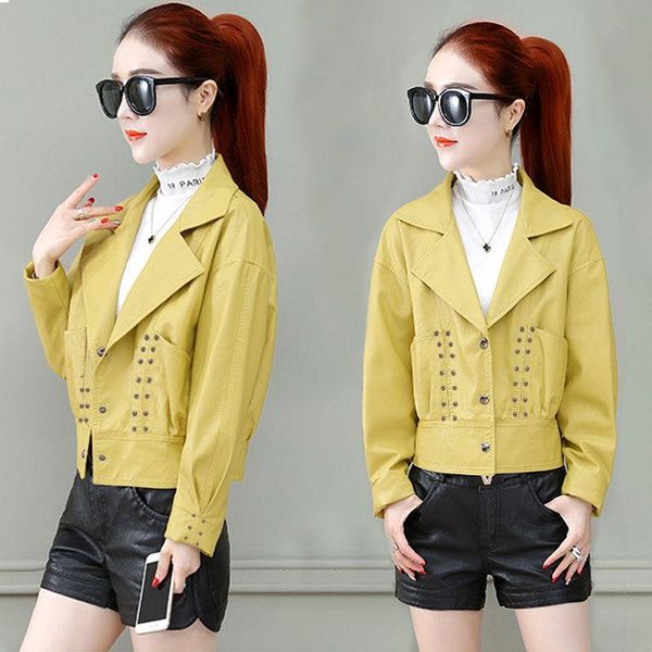 

women's leather & faux female 2021 design soft coat spring autumn pu jacket slim black button motorcycle red jackets d136