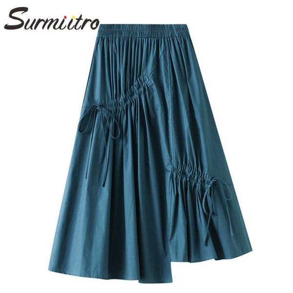 

surmiitro summer fashion irregular midi skirt women korean style drawstring high waist mid-length pleated skirt female 210712, Black