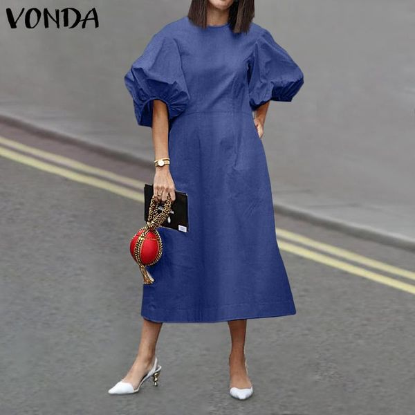 

casual dresses s-5xl women o neck dress 2021 vonda puff sleeve loose solid denim party evening bohemian vestidos, Black;gray