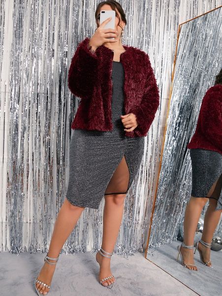 

plus solid teddy open front crop jacket k4ye#, Black