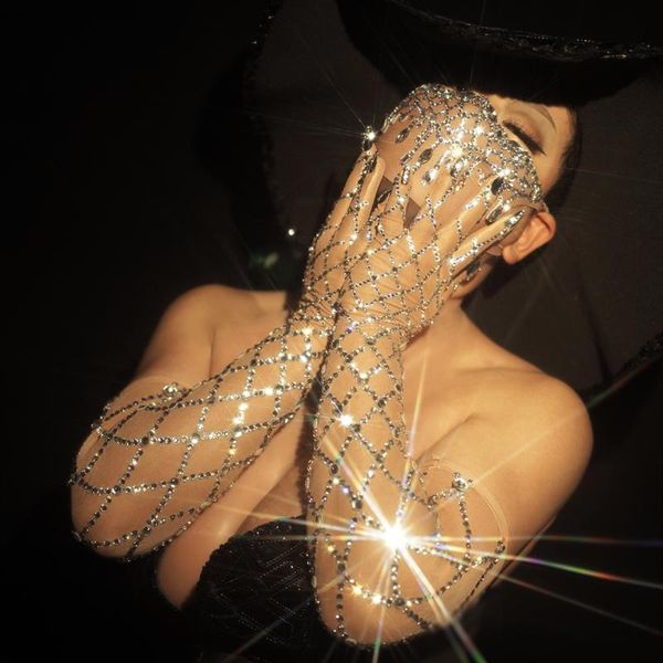 

five fingers gloves luxurious stretch rhinestones long women dancer singer nightclub stage party show accessories sparkly crystal mesh, Blue;gray
