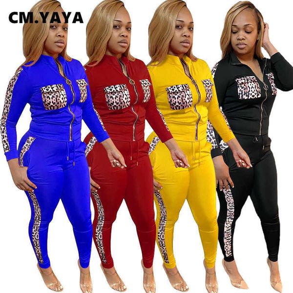 CM.YAYA Active Plus Size XL-5XL Leopard Patchwork Set da donna Giacca Pantaloni Tuta coordinata Fitness Two 2Piece Outfit 210930