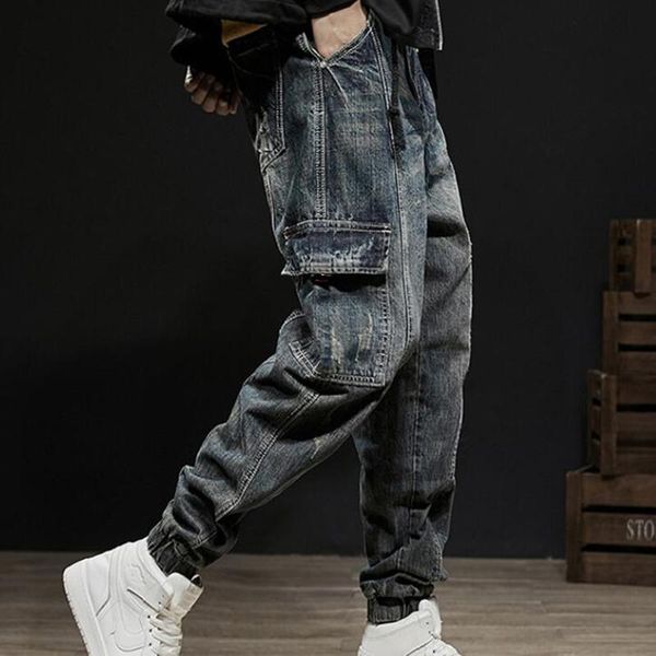 

men's jeans japanese designer men vintage ripped harem cargo pants retro blue loose fit hip hop joggers