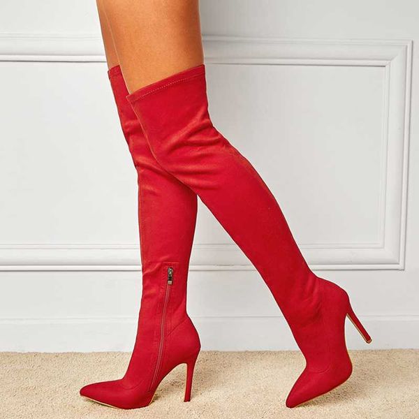 

boots women's stretch stiletto high heel 2021 flock upper long over knee red zipper, Black