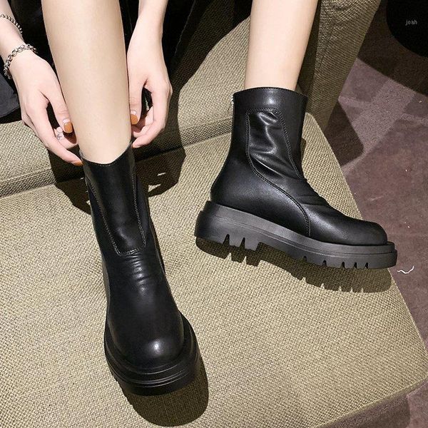 

boots 2021 autumn winter chunky ankle women black pu leather platform ladies fashion thick bottom motorcycle botas1
