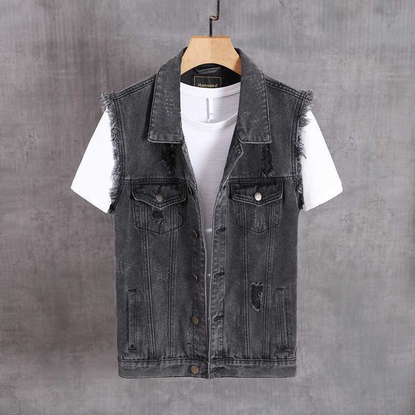 

men's vests american street style fashion retro black gray casual ripped denim sleeveless hip hop jacket cotton punk coats 1086, Black;white