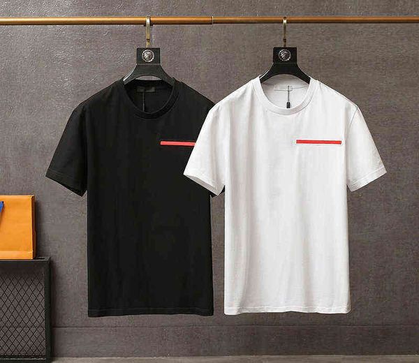 

men's t shirt red rubber letter triangle logo round neck double line short sleeve black cotton street loose ladies white pullover size, White;black