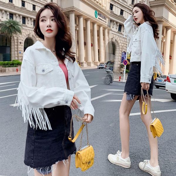 

women's jackets zqlz autumn denim jacket women 2021 tassel short fashion loose female casual long sleeve button outwear coats white top, Black;brown