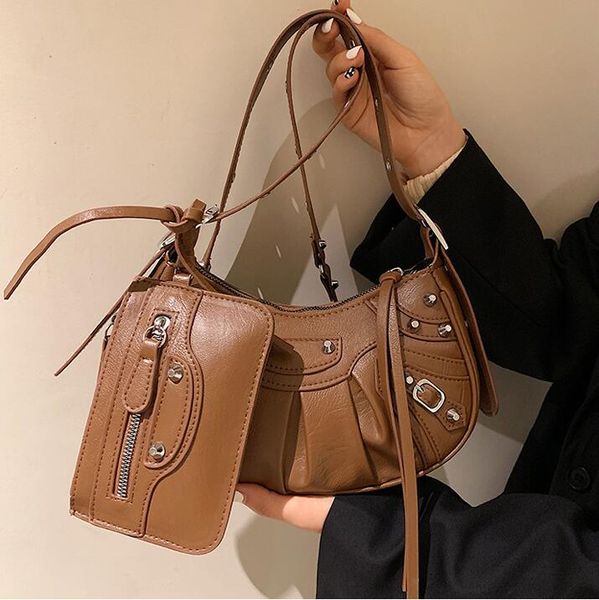 

wholesale women leather messenger bags street fashions buckle decoration two-piece handbags personality rivet armpit bag simple joker solid