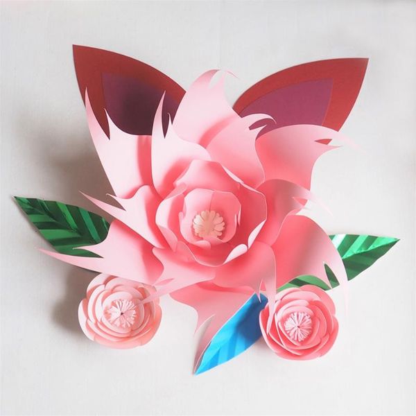 Ghirlande di fiori decorativi Fondali di fiori di rose giganti di carta fai-da-te 3 pezzi + 3 foglie + 2 spighe per decorazioni di nozze Nascita dei bambini della scuola materna